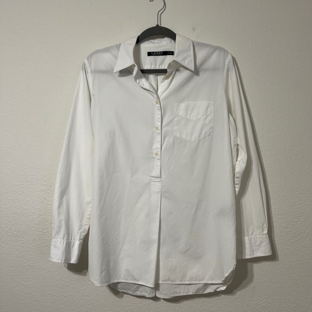 Lauren Ralph Lauren White Cotton Popover Collared Pocket Size M preppy Shirt